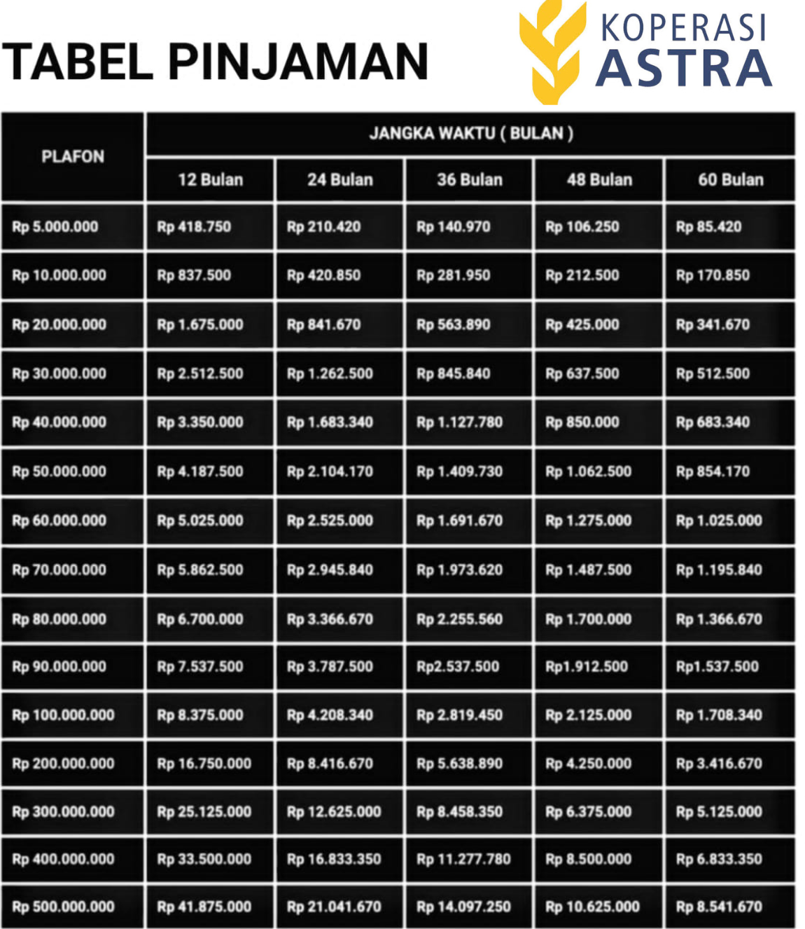 Loan table titled TABEL PINJAMAN with columns for Plafon and Jangka Waktu (bulan) with 12, 24, 36, 48, 60 Bulan and rows of loan amounts and values in Indonesian Rupiah